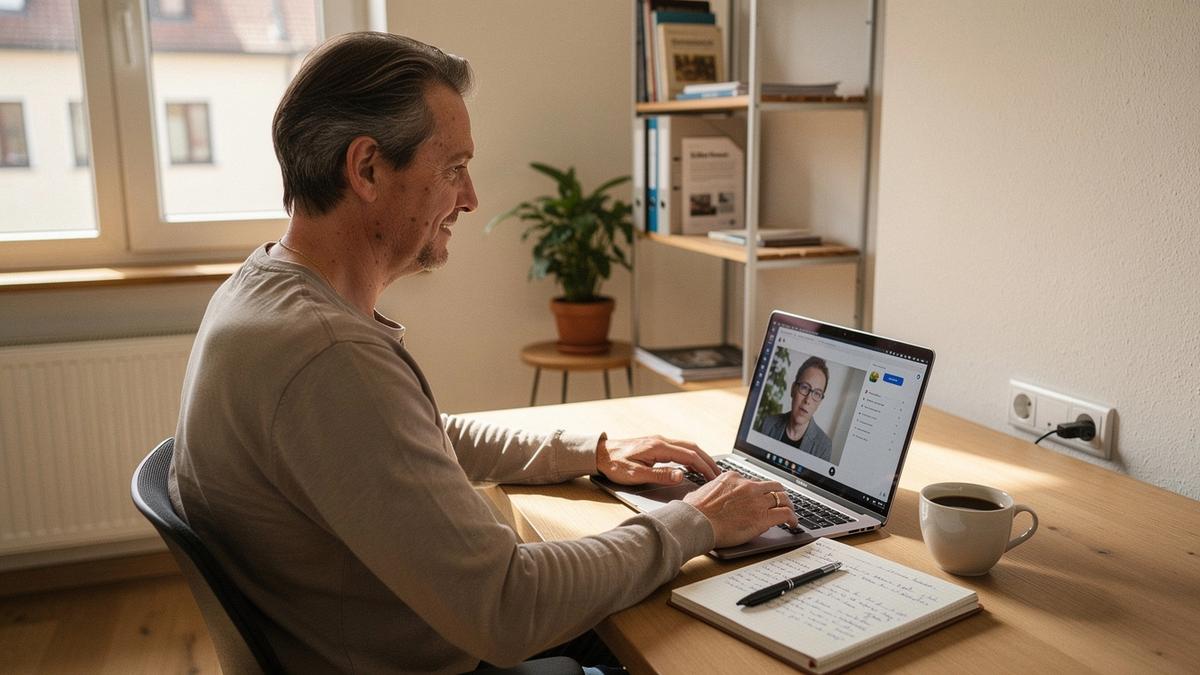 Erwachsene Lernende in einer Online-Deutschstunde am Laptop